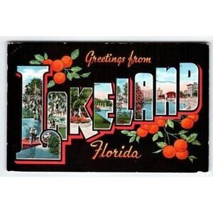 Vintage Linen 'Greetings from Lakeland Florida' Large Letter Postcard c.1946